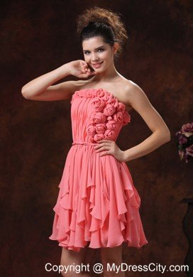 Flowers Ruching Strapless Chiffon Watermelon Short Prom Party Dress