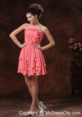 Flowers Ruching Strapless Chiffon Watermelon Short Prom Party Dress