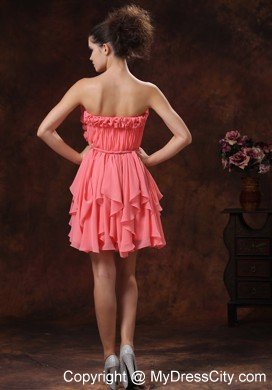 Flowers Ruching Strapless Chiffon Watermelon Short Prom Party Dress