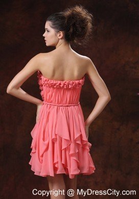 Flowers Ruching Strapless Chiffon Watermelon Short Prom Party Dress