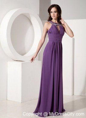 Scoop Neck Ruched Empire Purple Chiffon Prom Dresses with Rhinestones