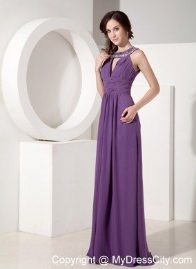 Scoop Neck Ruched Empire Purple Chiffon Prom Dresses with Rhinestones