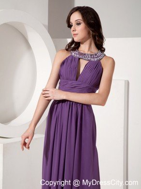 Scoop Neck Ruched Empire Purple Chiffon Prom Dresses with Rhinestones