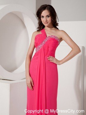 Hot Pink One Shoulder Column Beaded Chiffon Ruching Prom Dresses