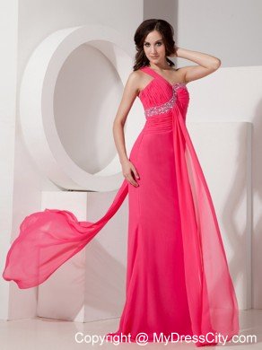 Hot Pink One Shoulder Column Beaded Chiffon Ruching Prom Dresses