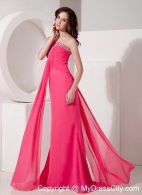 Hot Pink One Shoulder Column Beaded Chiffon Ruching Prom Dresses