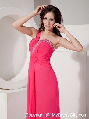 Hot Pink One Shoulder Column Beaded Chiffon Ruching Prom Dresses