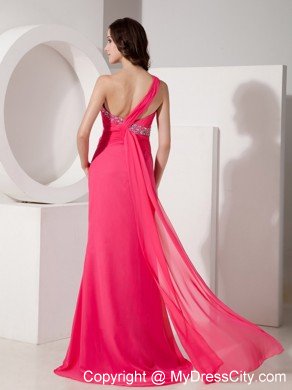 Hot Pink One Shoulder Column Beaded Chiffon Ruching Prom Dresses