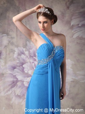 One Shoulder Beaded Ruching Chiffon Blue 2013 Prom Dresses