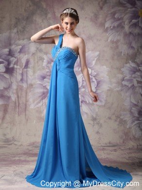 One Shoulder Beaded Ruching Chiffon Blue 2013 Prom Dresses