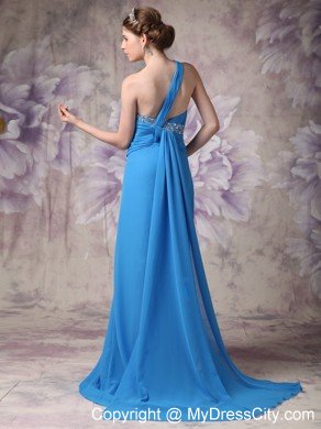 One Shoulder Beaded Ruching Chiffon Blue 2013 Prom Dresses