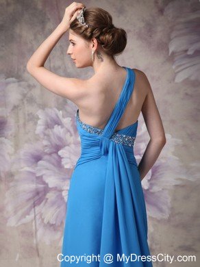 One Shoulder Beaded Ruching Chiffon Blue 2013 Prom Dresses