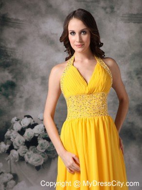 Beaded Halter Top Ruching Empire Chiffon Yellow Prom Dresses