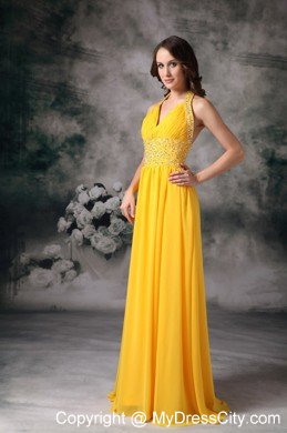 Beaded Halter Top Ruching Empire Chiffon Yellow Prom Dresses