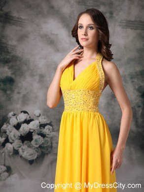 Beaded Halter Top Ruching Empire Chiffon Yellow Prom Dresses