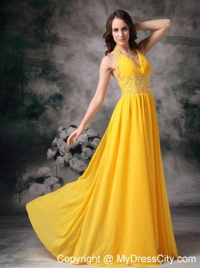 Beaded Halter Top Ruching Empire Chiffon Yellow Prom Dresses