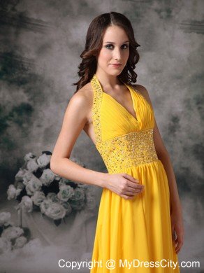 Beaded Halter Top Ruching Empire Chiffon Yellow Prom Dresses