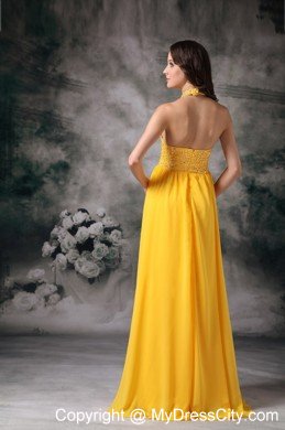 Beaded Halter Top Ruching Empire Chiffon Yellow Prom Dresses