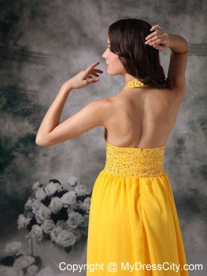 Beaded Halter Top Ruching Empire Chiffon Yellow Prom Dresses