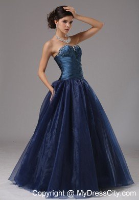 Cheap Strapless Beaded Ruching Navy Blue Prom Gowns for Women