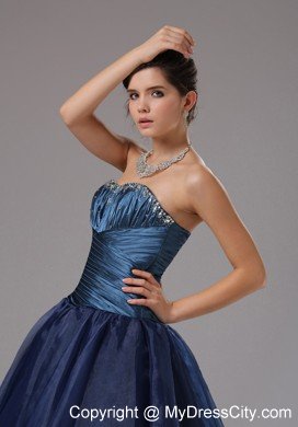 Cheap Strapless Beaded Ruching Navy Blue Prom Gowns for Women