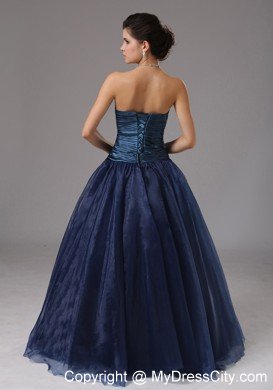 Cheap Strapless Beaded Ruching Navy Blue Prom Gowns for Women