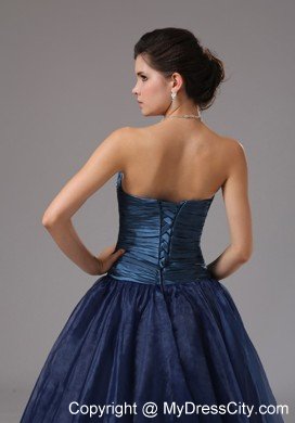 Cheap Strapless Beaded Ruching Navy Blue Prom Gowns for Women