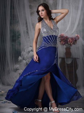 High Slit Halter Beaded Ankle Length Blue Prom Dresses for Ladies