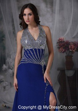 High Slit Halter Beaded Ankle Length Blue Prom Dresses for Ladies