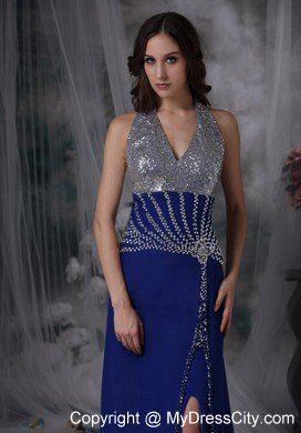 High Slit Halter Beaded Ankle Length Blue Prom Dresses for Ladies