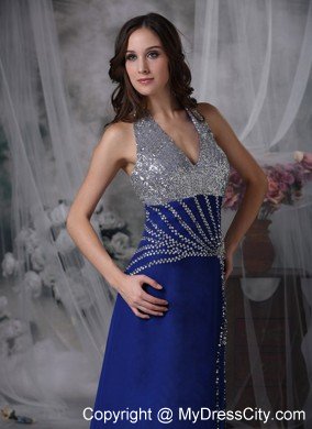 High Slit Halter Beaded Ankle Length Blue Prom Dresses for Ladies