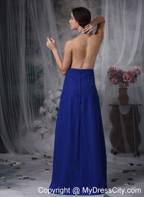 High Slit Halter Beaded Ankle Length Blue Prom Dresses for Ladies