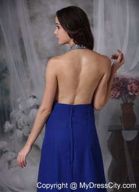 High Slit Halter Beaded Ankle Length Blue Prom Dresses for Ladies