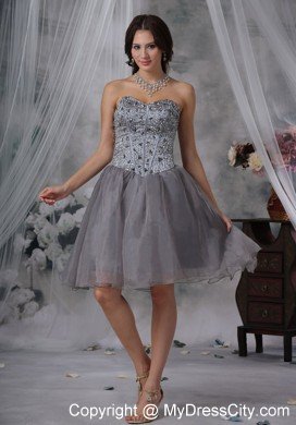 Organza Strapless Beaded Grey Short Prom Dresses with Rhinestones