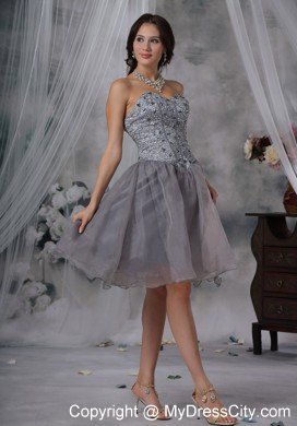 Organza Strapless Beaded Grey Short Prom Dresses with Rhinestones