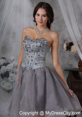 Organza Strapless Beaded Grey Short Prom Dresses with Rhinestones