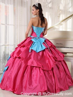 Aqua Blue and Hot Pink Taffeta Appliques Quinceanera Dress