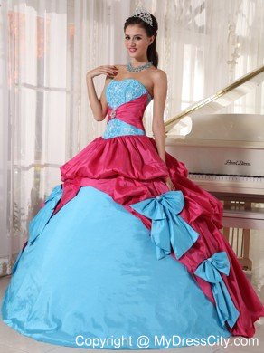 Aqua Blue and Hot Pink Taffeta Appliques Quinceanera Dress