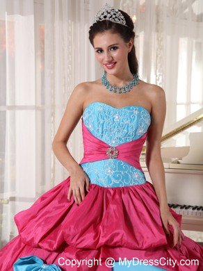 Aqua Blue and Hot Pink Taffeta Appliques Quinceanera Dress