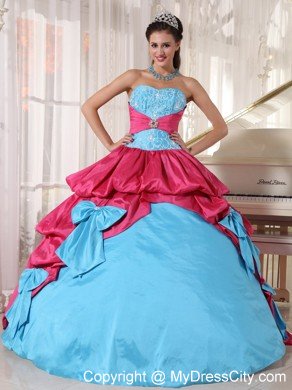 Aqua Blue and Hot Pink Taffeta Appliques Quinceanera Dress