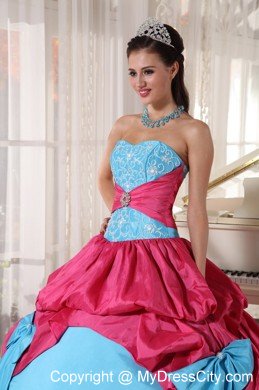 Aqua Blue and Hot Pink Taffeta Appliques Quinceanera Dress