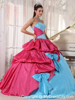 Aqua Blue and Hot Pink Taffeta Appliques Quinceanera Dress