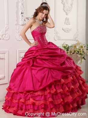 Two-toned Red Strapless Beaded Layers Quinceanera Dress