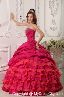 Two-toned Red Strapless Beaded Layers Quinceanera Dress