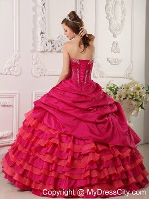 Two-toned Red Strapless Beaded Layers Quinceanera Dress