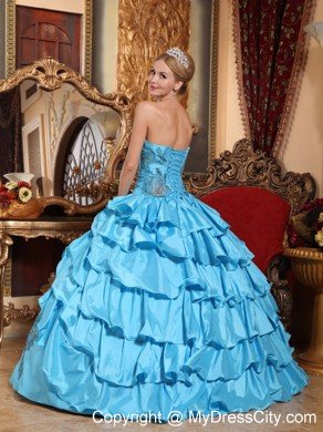 Aqua Blue Strapless Quinceanera Dress with Ruffled Layers