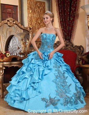 Aqua Blue Strapless Quinceanera Dress with Ruffled Layers