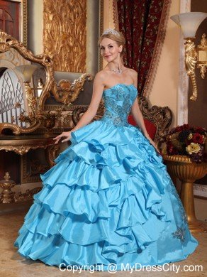 Aqua Blue Strapless Quinceanera Dress with Ruffled Layers