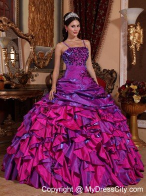 Fuchsia Spaghetti Straps Embroidery Quinceanera Dress