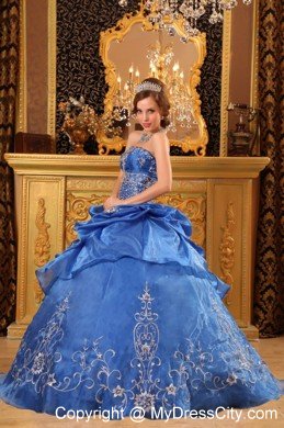 Strapless Organza Quinceanera Dress with Embroidery in blue